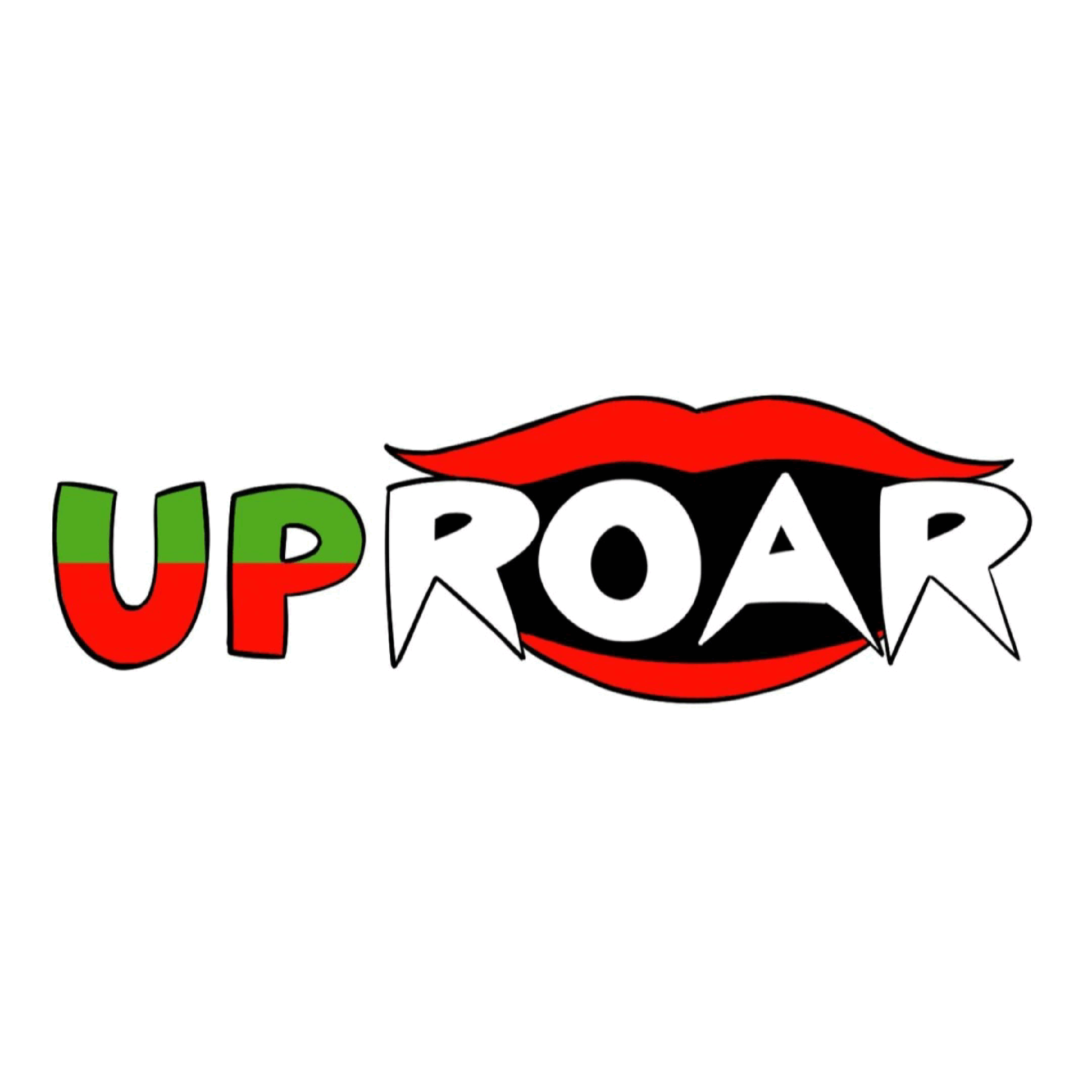 A logo with red lips around bubble letters spelling 'uproar'