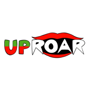 A logo with red lips around bubble letters spelling 'uproar'
