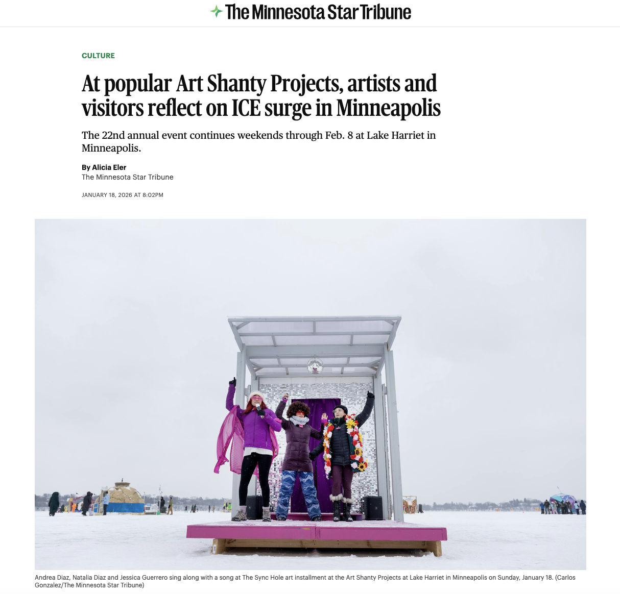 a screen grab of an article about Art shanties on Star Tribune