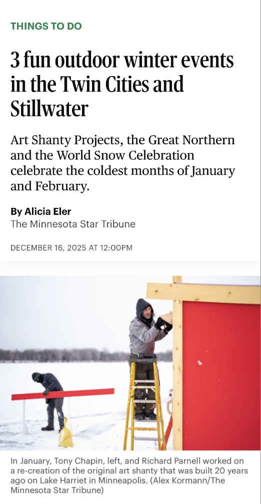 A screen grab for an article from the Star Tribune with a picture of a red shanty being installed