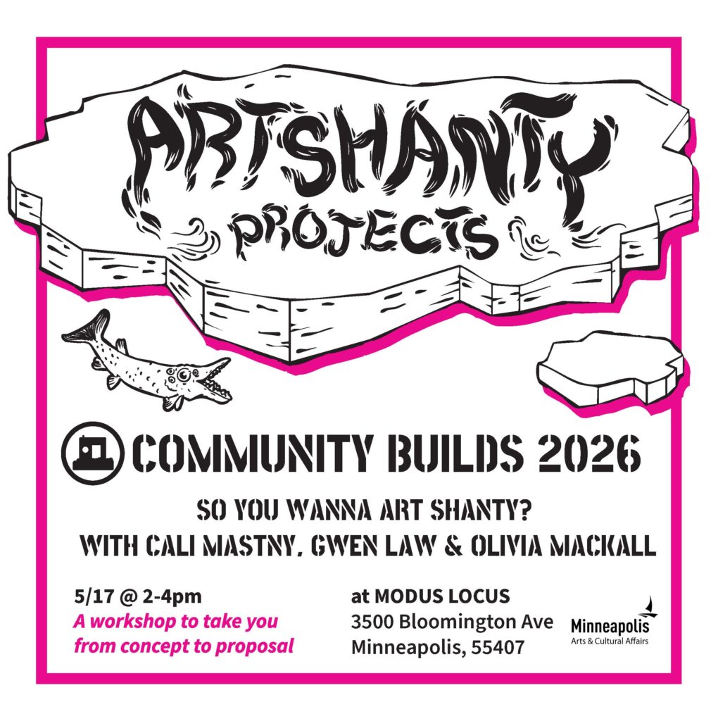 a black, white and neon graphic of a sheet of ice with a fish swimming below. Text advertises a community workshop for Art Shanty Projects