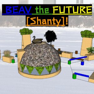 a colorful illustration of a shanty shaped like a beaver lodgge