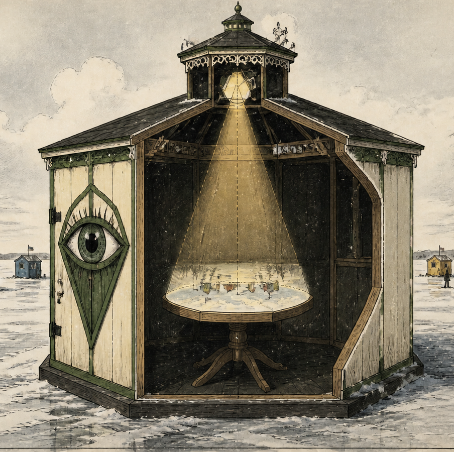An illustration a camera oscura shanty, with light pouring through a lens on top and shining on a table inside
