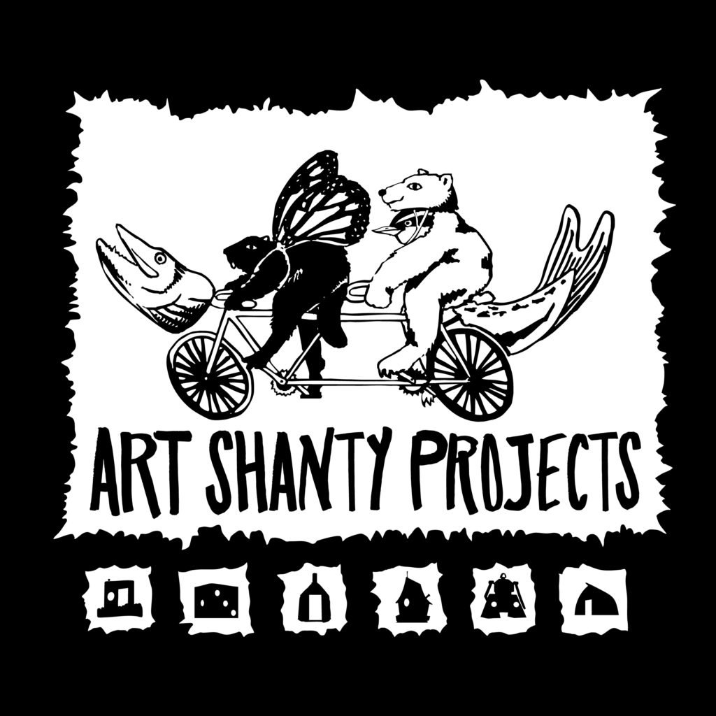 an illustration of animals wearing costumes of other animals while riding a tandem fish bicycle