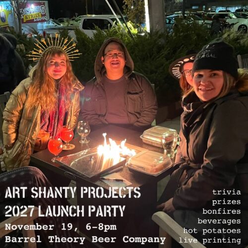 a launch party promo with a photo of four festive people sitting around a fire table