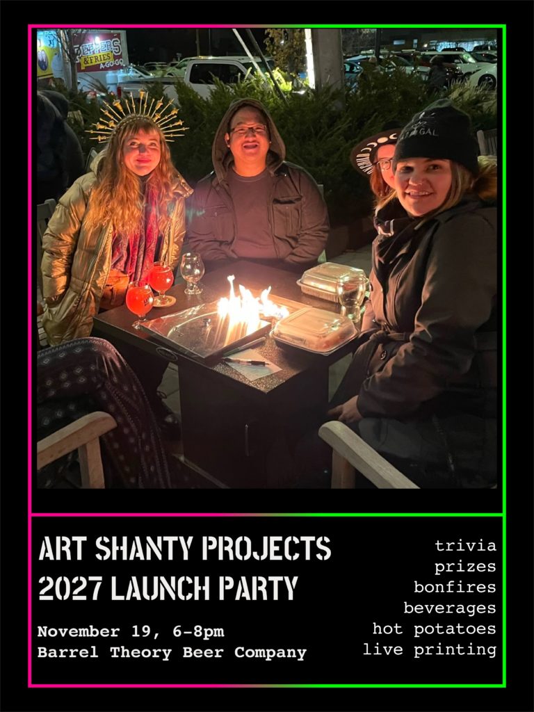 a promo for the launch party on November 19 with an image of four people sitting around a fire table on a patio