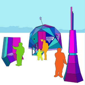 A colorful illustration of people outside a dome shaped shanty with alien research stations